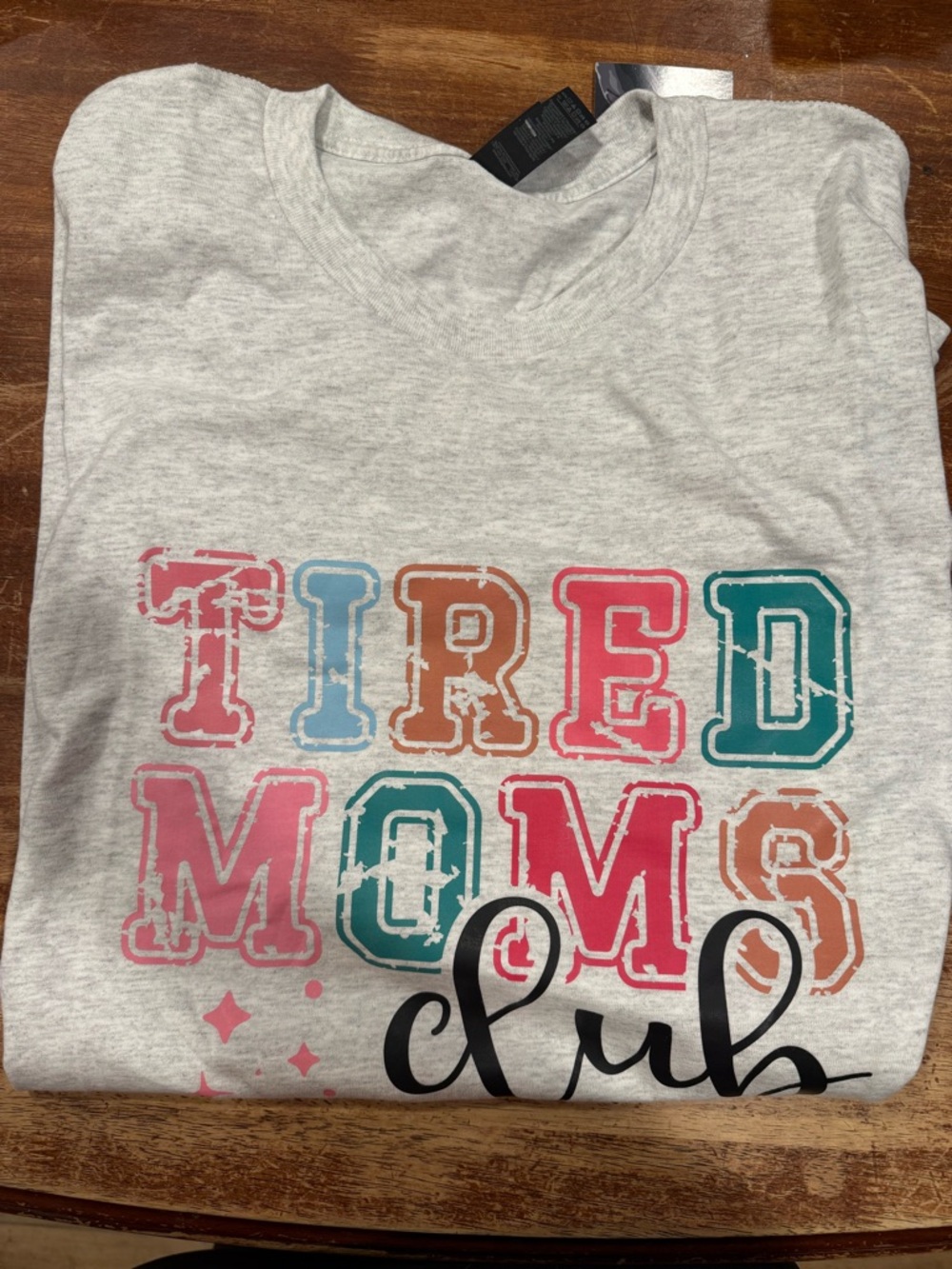 Gildan Heather Gray "Tired Moms Club" Short Sleeve Tee with Multicolor Lettering